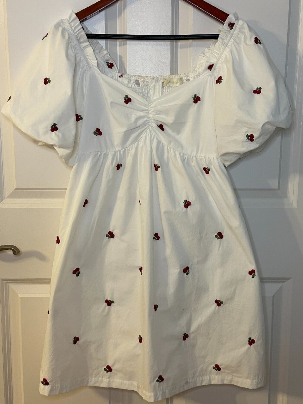 Alter'd State Cherry Embroidered Puff Sleeve Milkmaid Dress Cottagecore Coquette